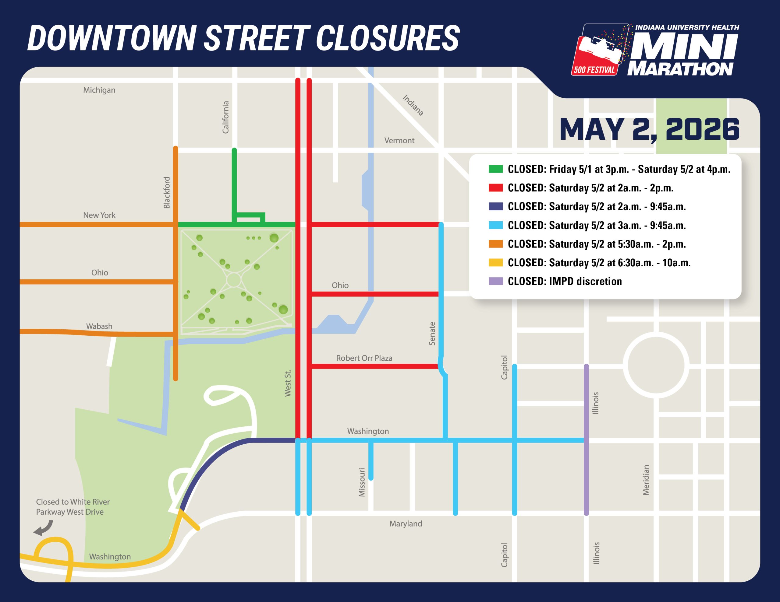 Map of street closures for 2026 Mini Marathon