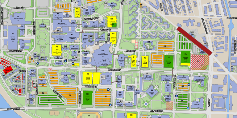 Map of downtown Indianapolis with a portion of Indiana Avenue indicated in red between Blackford Street and West Street. 
