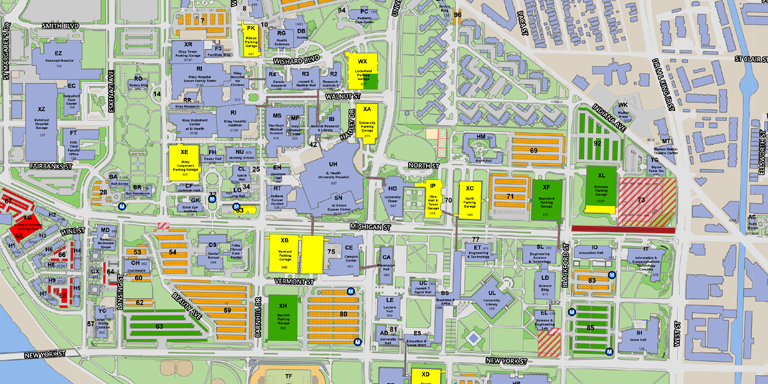 Map of downtown Indianapolis with the westbound lanes of Michigan Avenue indicated in red between Blackford Street and West Street. 